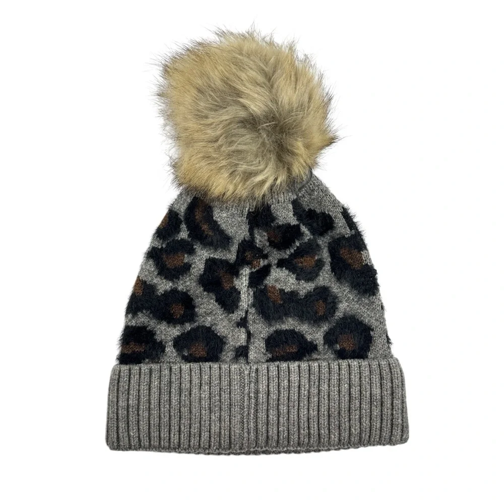 C.C Animal Print Hat Soft‎ Warm Knit Cuff Faux Fur Pom Beanie Leopard Print Kids